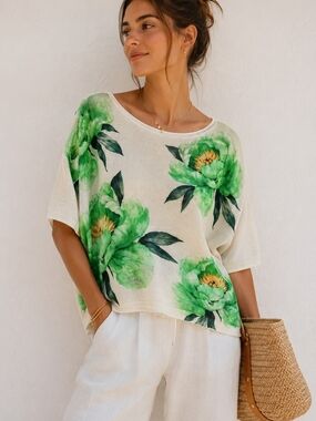 Women’s Cream Floral Cottagecore, Made In ITALY Spring & Summer Sweater
